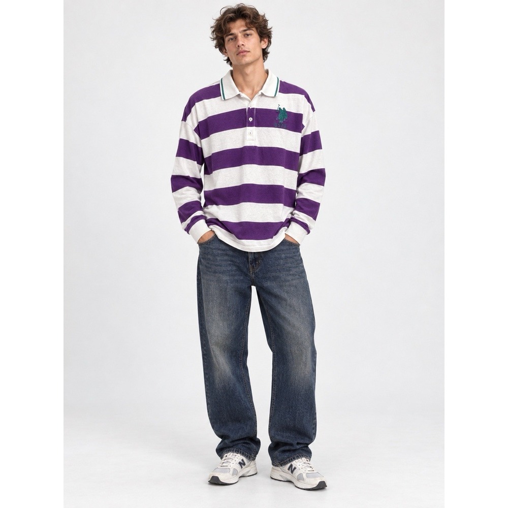 U.S. Polo Assn Men's XL Purple White Striped Rugby Polo Shirt Cotton Preppy Y2K